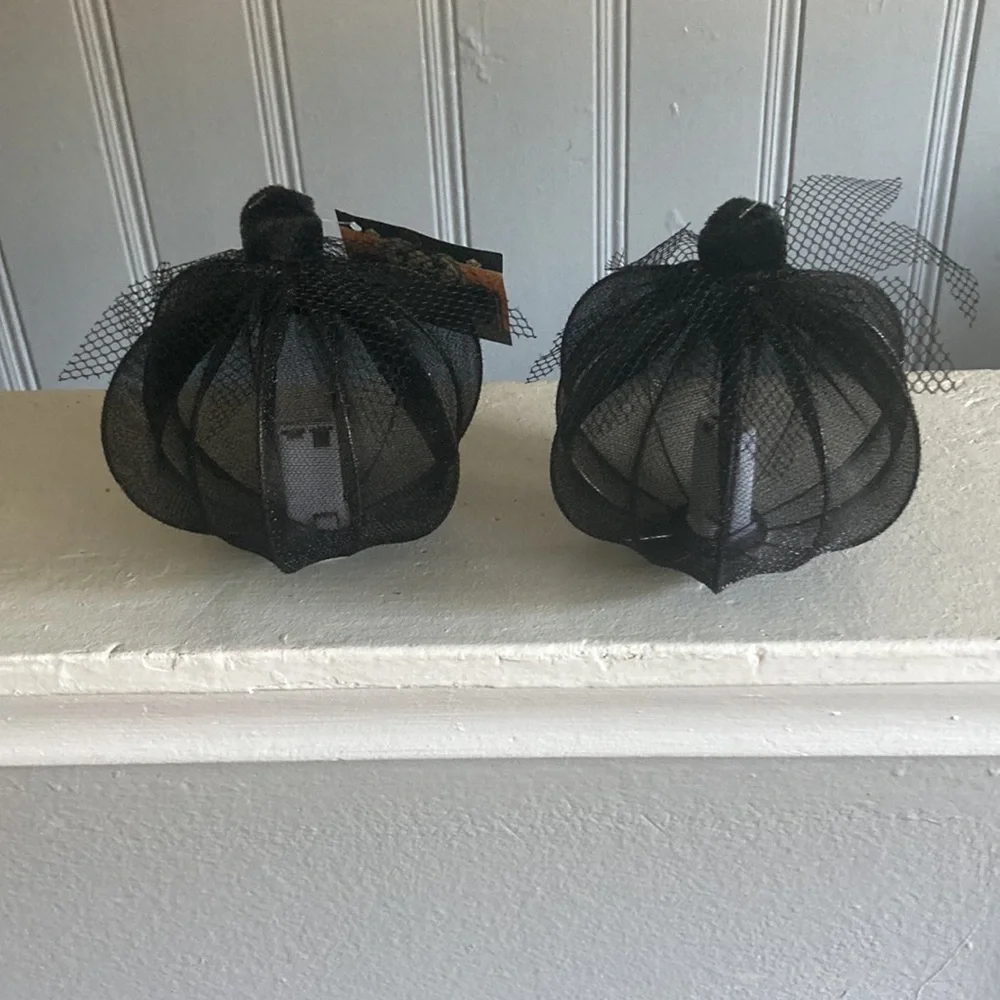 NWT- 2- Elegant Black Lace Covered Light Up LED Halloween Pumpkin Decorations